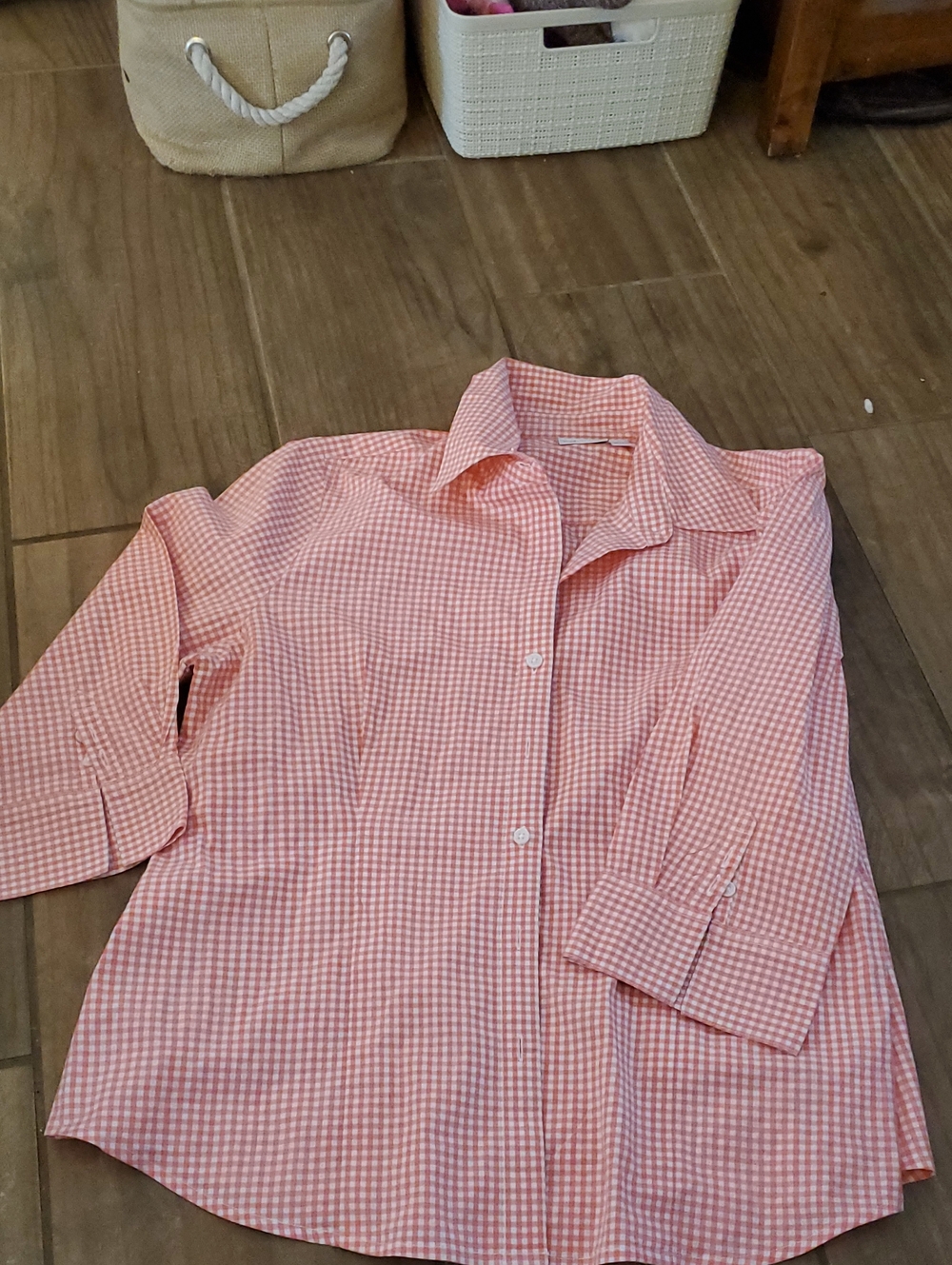 Kim Rogers Coral Pink and White Gingham Shirt